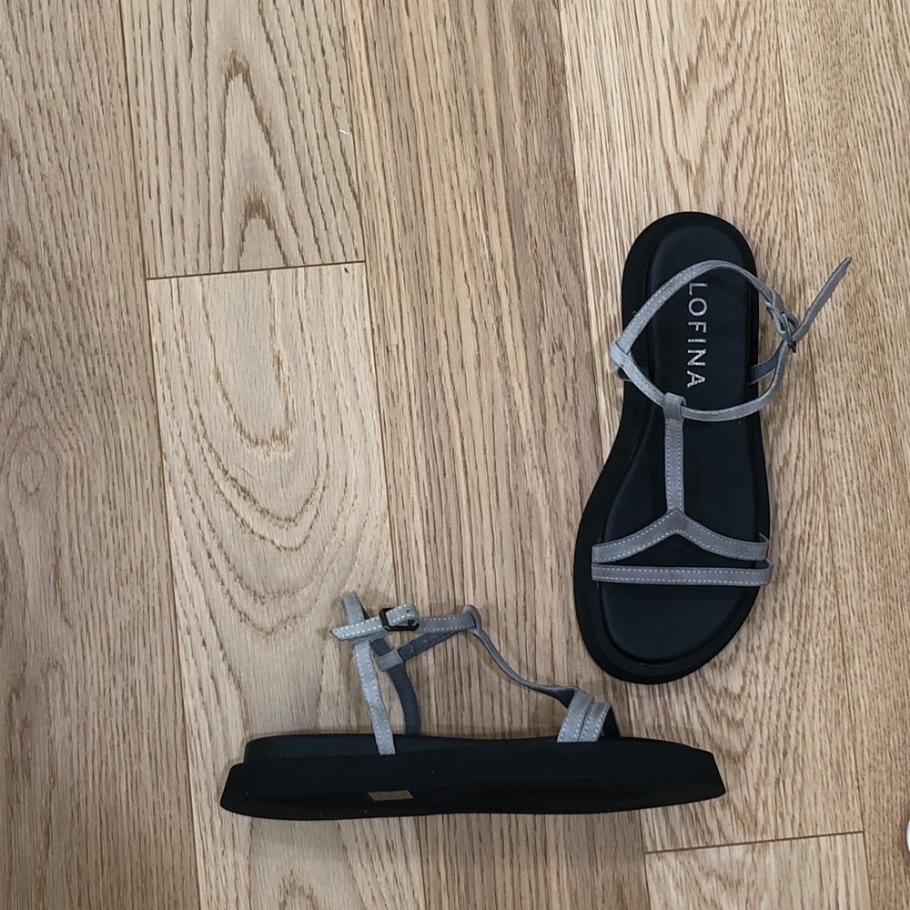 SOLD Lofina Strappy Platform Sandals Gray Suede - Picture 2 of 12
